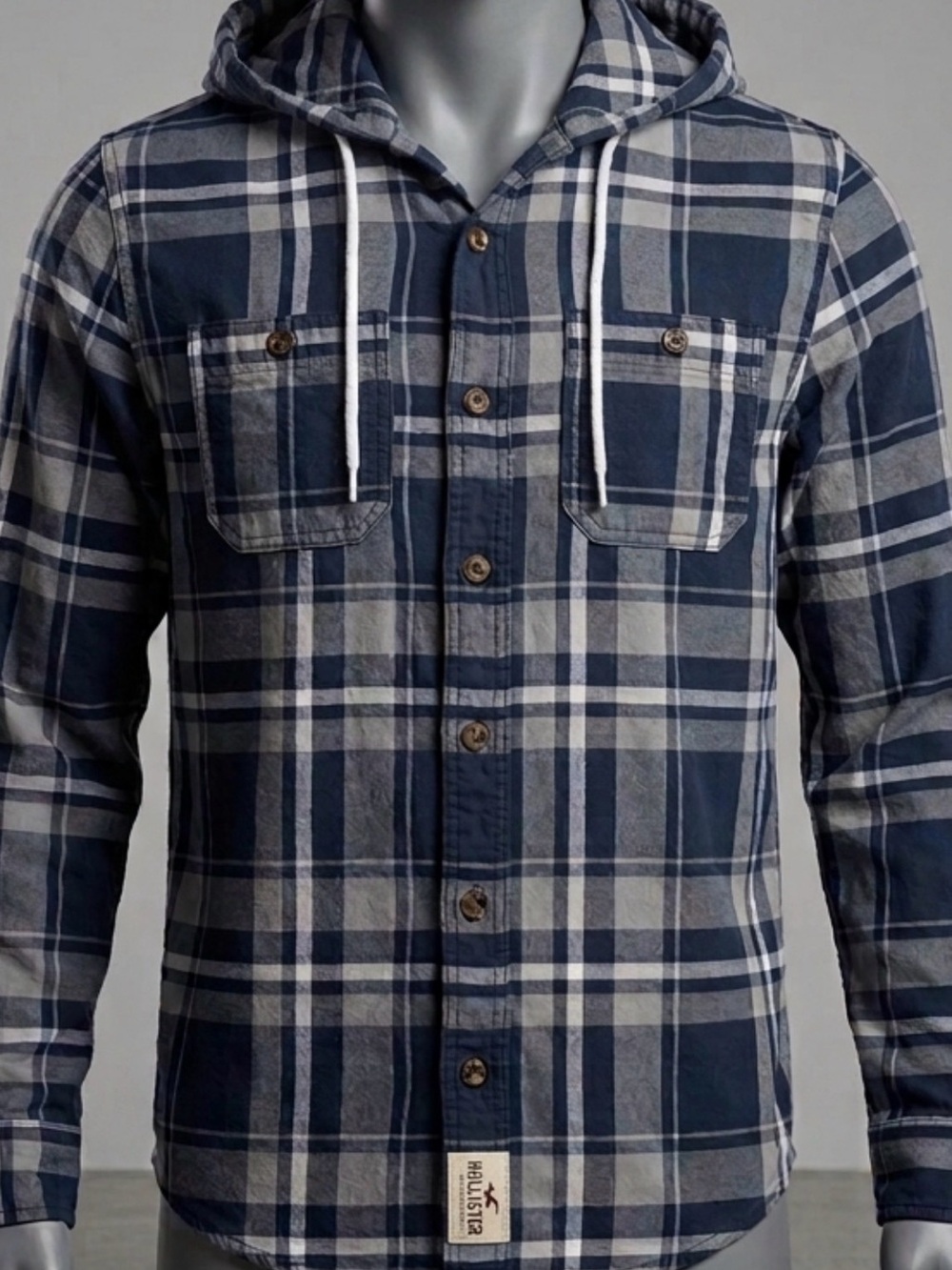Men’s hollister Navy Plaid Hooded Button-Up Shirt Jacket